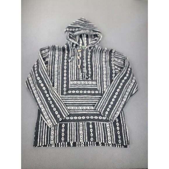 Kathmandu Imports Hoodie Mens XL Black Gray Striped Baja Woven Pullover Toggle - Picture 1 of 10